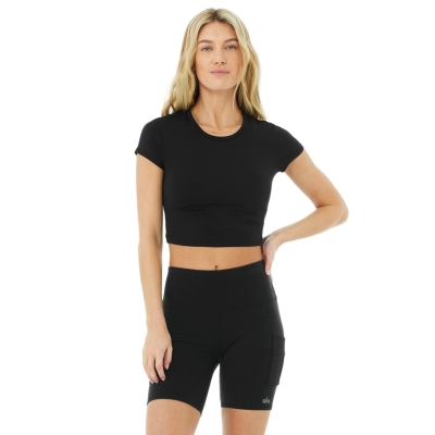 Short Sleeve Alo Yoga Alosoft Crop Finesse Mujer Negros | MX-69SBTA