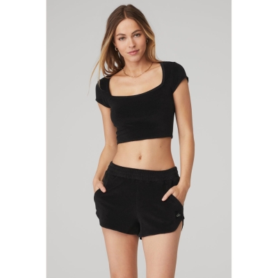 Short Sleeve Alo Yoga Terry Beachside Mujer Negros | MX-59TZQX