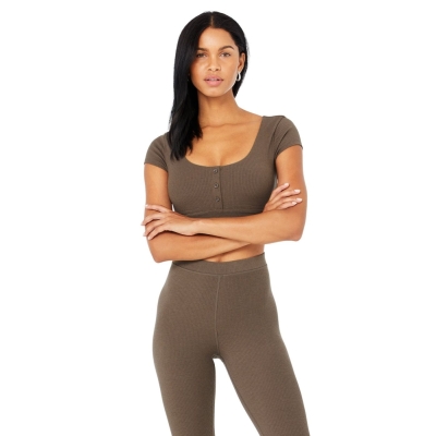 Sujetadores Alo Yoga Blissful Henley Top Mujer Cafes | MX-69LSYV