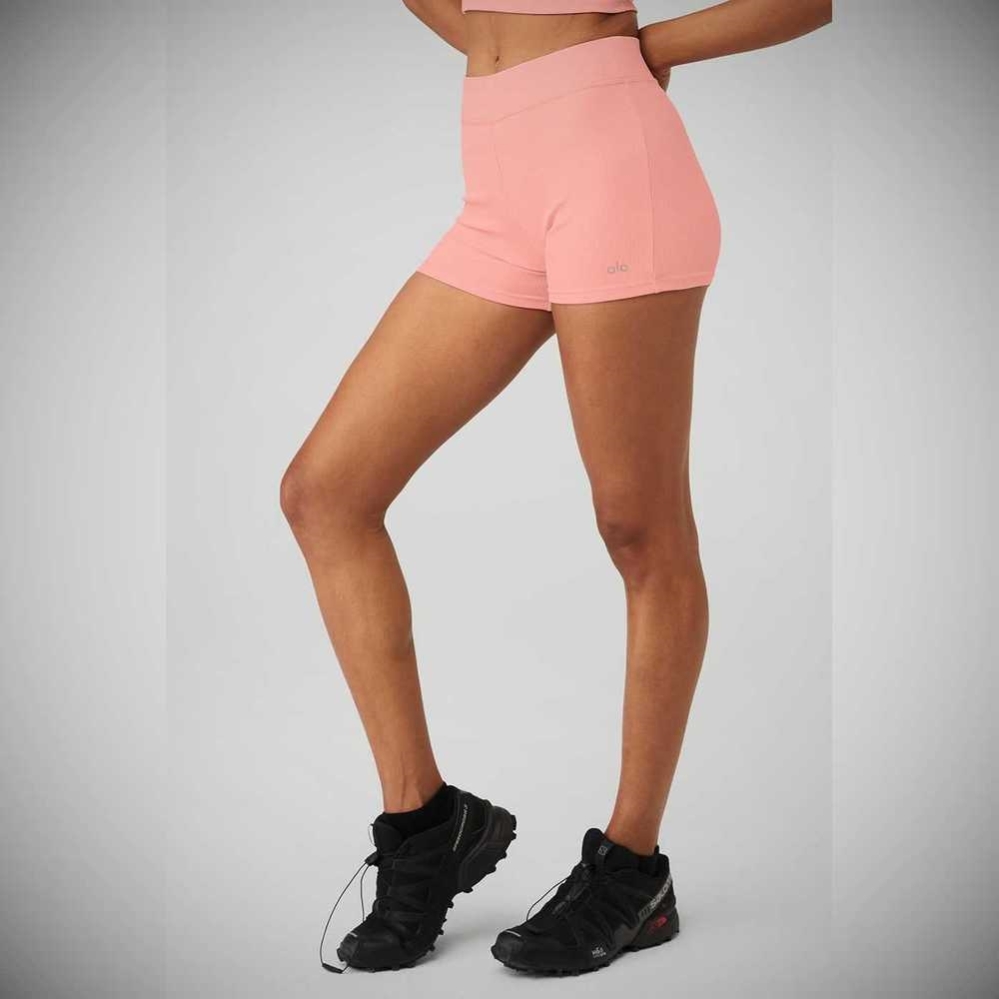 Bermudas Alo Yoga Goddess Acanalado High-Cintura Hot Mujer Rosas | MX-58GNOV