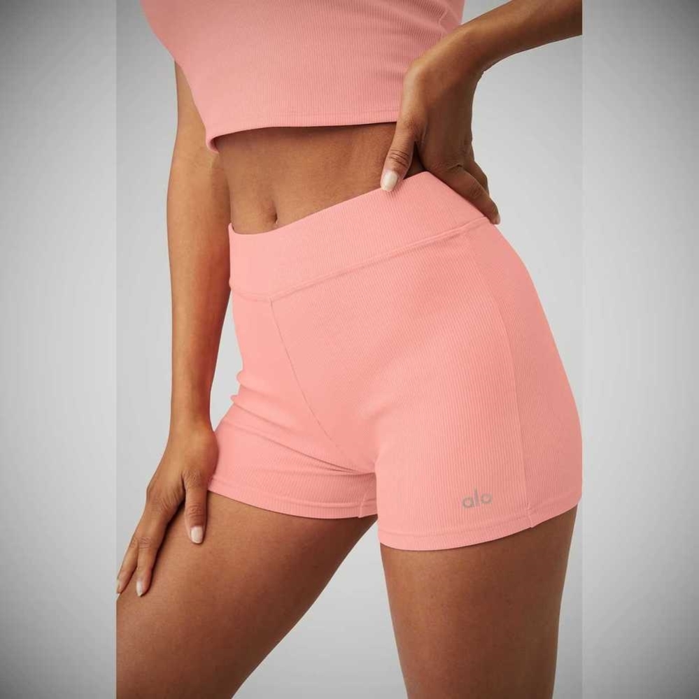 Bermudas Alo Yoga Goddess Acanalado High-Cintura Hot Mujer Rosas | MX-58GNOV