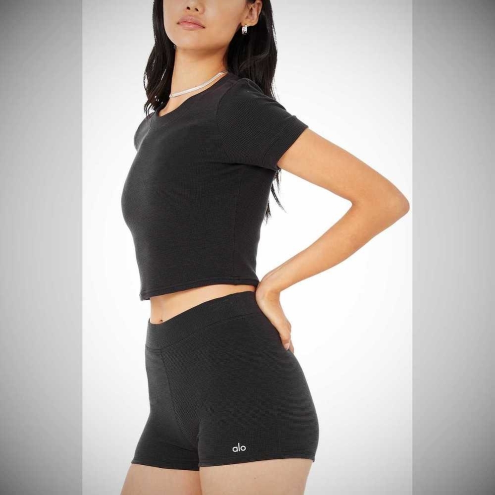 Bermudas Alo Yoga Micro Waffle Pleasant Boy Mujer Negros | MX-73CYMB