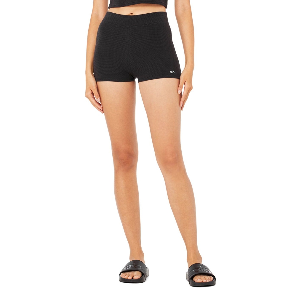 Bermudas Alo Yoga Micro Waffle Pleasant Boy Mujer Negros | MX-73CYMB