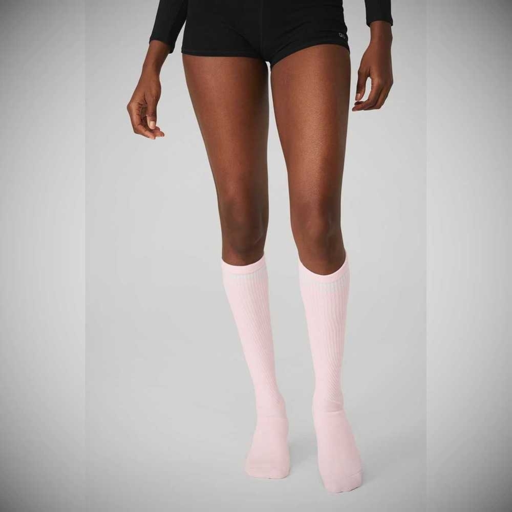 Calcetines Alo Yoga Knee-High Throwback Barre Mujer Rosas Blancos | MX-43YPCO