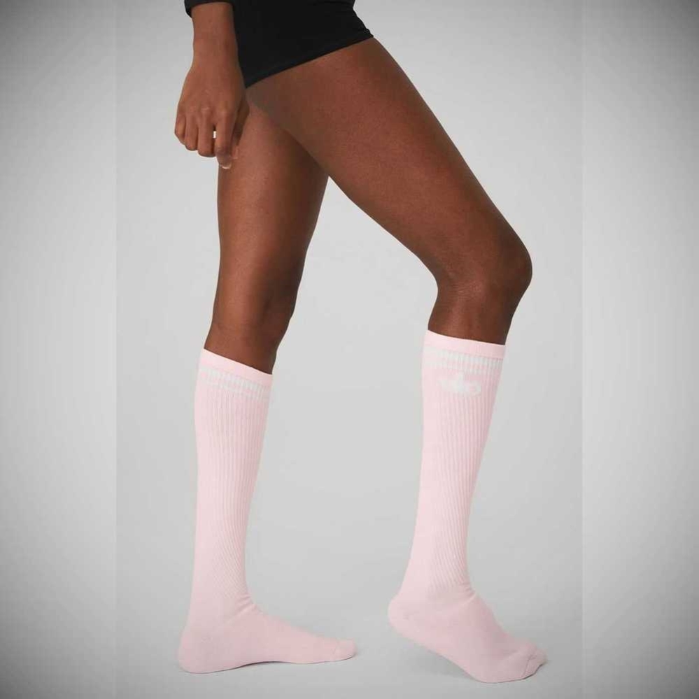 Calcetines Alo Yoga Knee-High Throwback Barre Mujer Rosas Blancos | MX-43YPCO