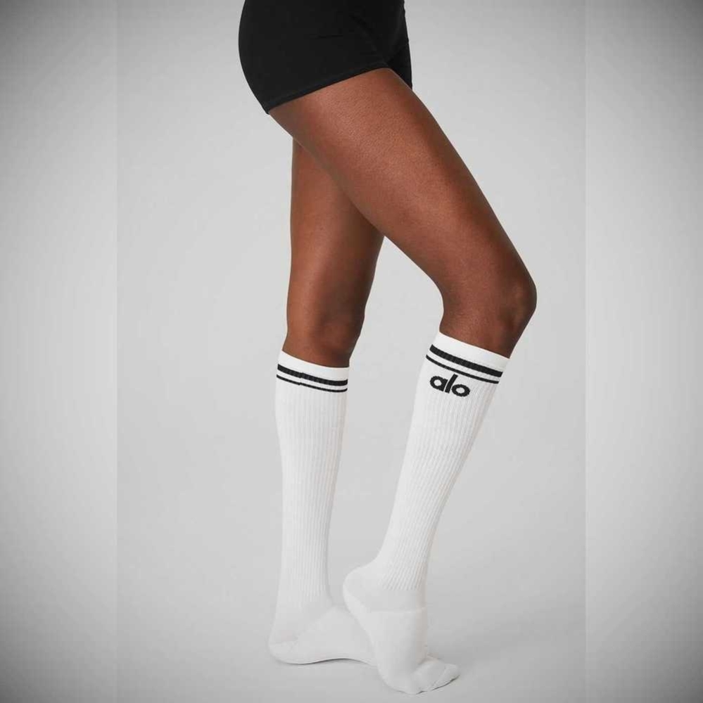 Calcetines Alo Yoga Knee-High Throwback Barre Mujer Blancos Negros | MX-64ZHFU