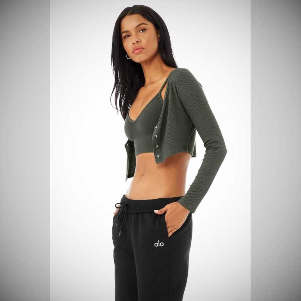 Crop Tops Alo Yoga Acanalado Cropped Whisper Cardigan Mujer Verdes Oscuro | MX-06DWCT