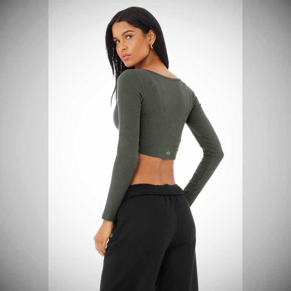 Crop Tops Alo Yoga Acanalado Cropped Whisper Cardigan Mujer Verdes Oscuro | MX-06DWCT