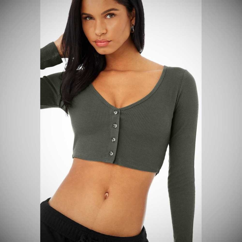 Crop Tops Alo Yoga Acanalado Cropped Whisper Cardigan Mujer Verdes Oscuro | MX-06DWCT