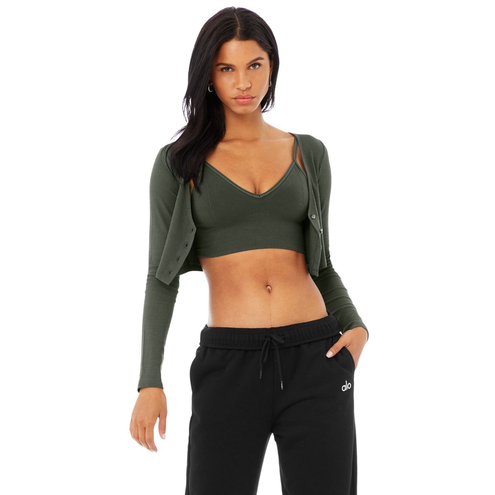 Crop Tops Alo Yoga Acanalado Cropped Whisper Cardigan Mujer Verdes Oscuro | MX-06DWCT