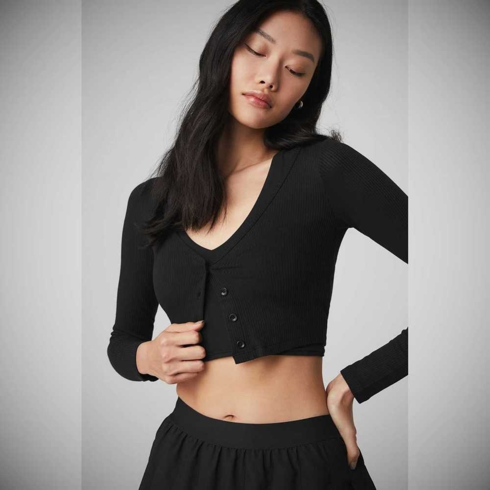 Crop Tops Alo Yoga Acanalado Cropped Whisper Cardigan Mujer Negros | MX-30BWYP