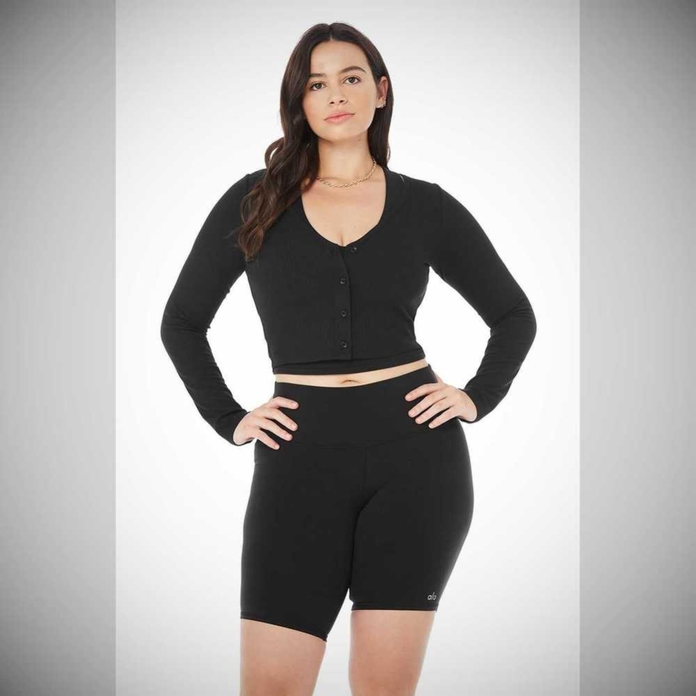 Crop Tops Alo Yoga Acanalado Cropped Whisper Cardigan Mujer Negros | MX-30BWYP