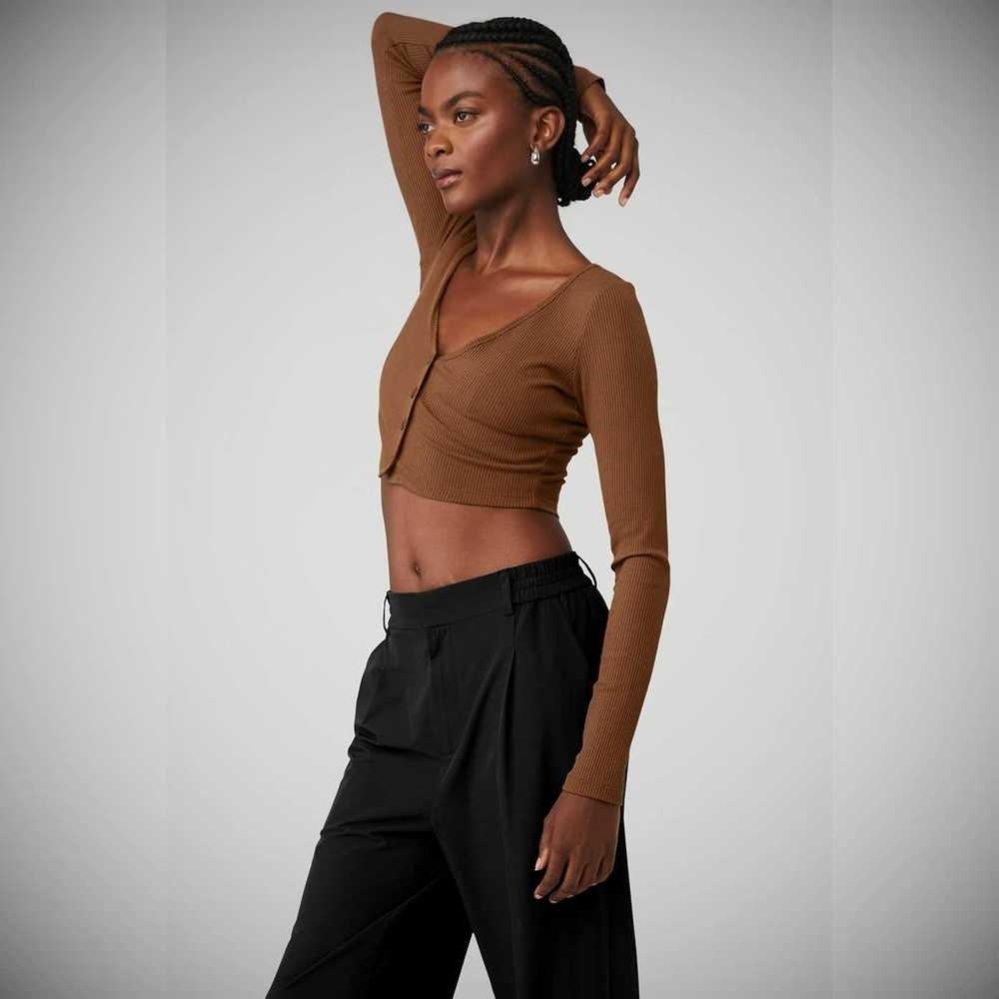 Crop Tops Alo Yoga Acanalado Cropped Whisper Cardigan Mujer Marrom | MX-45YJLB