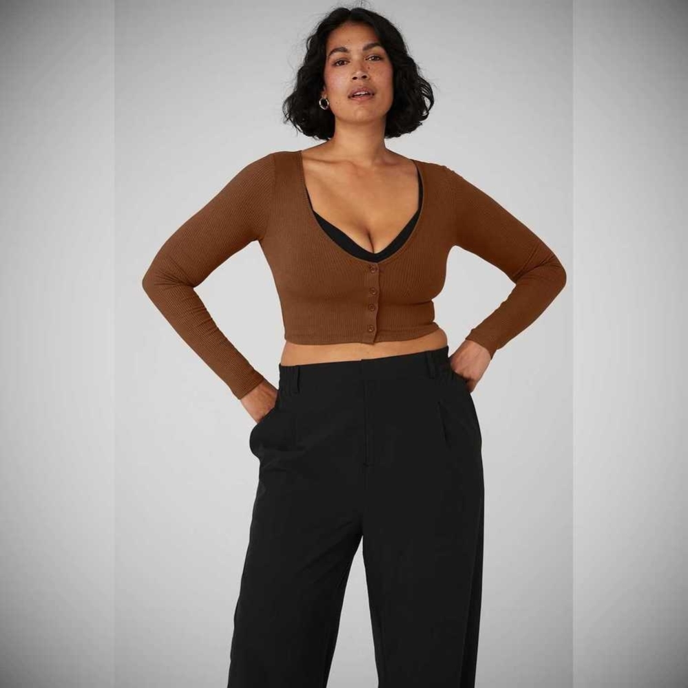 Crop Tops Alo Yoga Acanalado Cropped Whisper Cardigan Mujer Marrom | MX-45YJLB