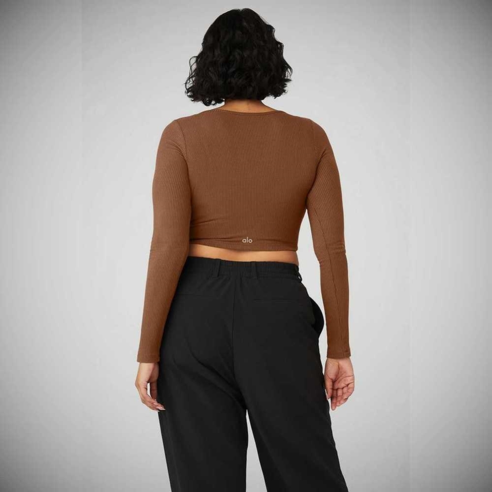 Crop Tops Alo Yoga Acanalado Cropped Whisper Cardigan Mujer Marrom | MX-45YJLB