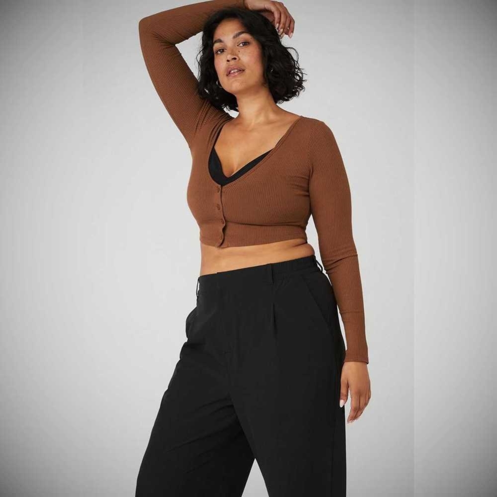 Crop Tops Alo Yoga Acanalado Cropped Whisper Cardigan Mujer Marrom | MX-45YJLB