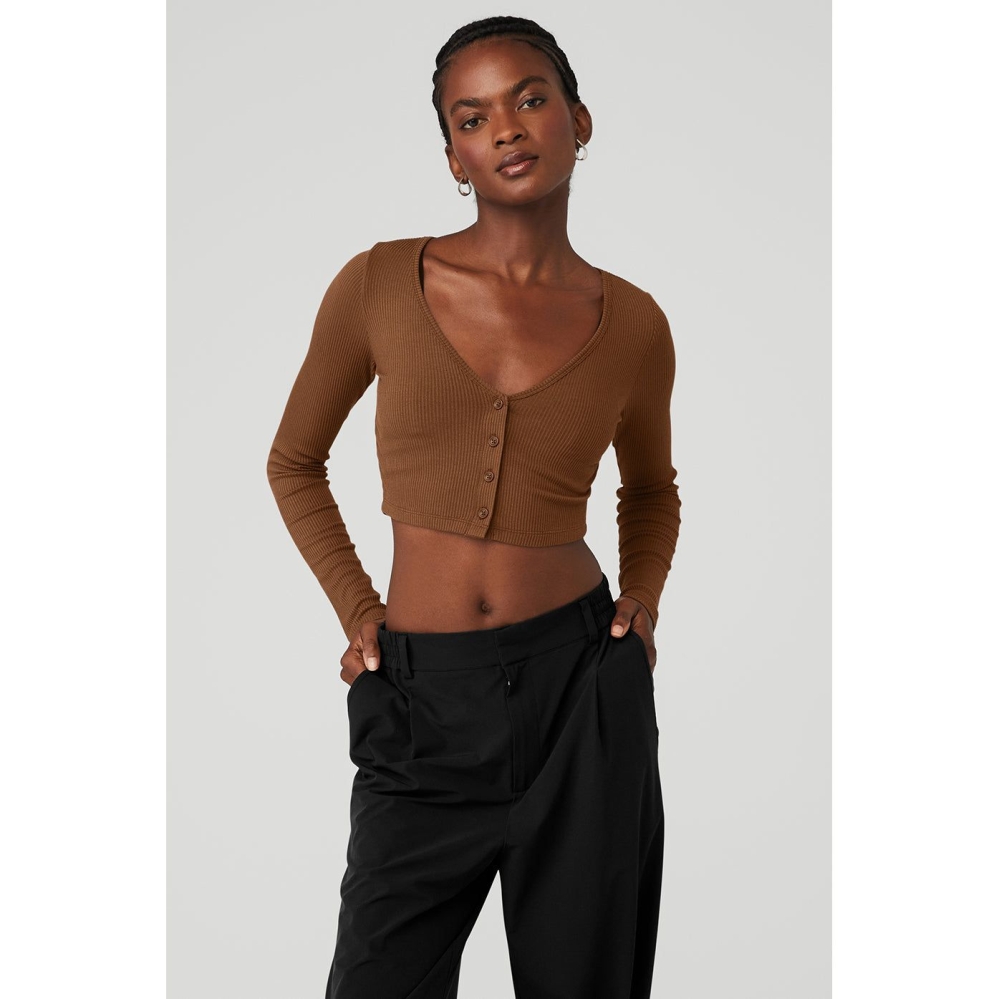 Crop Tops Alo Yoga Acanalado Cropped Whisper Cardigan Mujer Marrom | MX-45YJLB