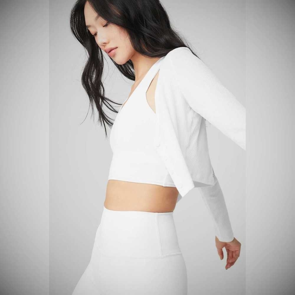 Crop Tops Alo Yoga Acanalado Cropped Whisper Cardigan Mujer Blancos | MX-63TGKY