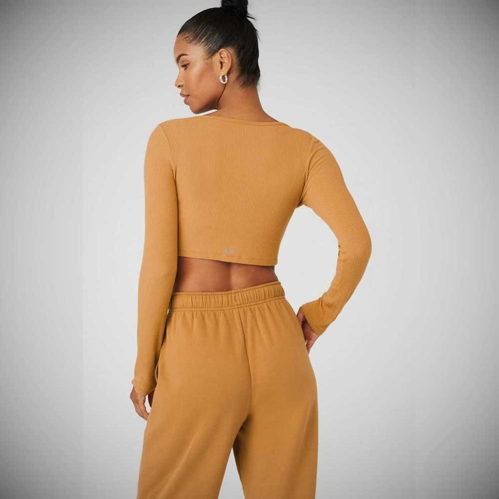 Crop Tops Alo Yoga Acanalado Cropped Whisper Cardi Mujer Toffee | MX-82RFEK