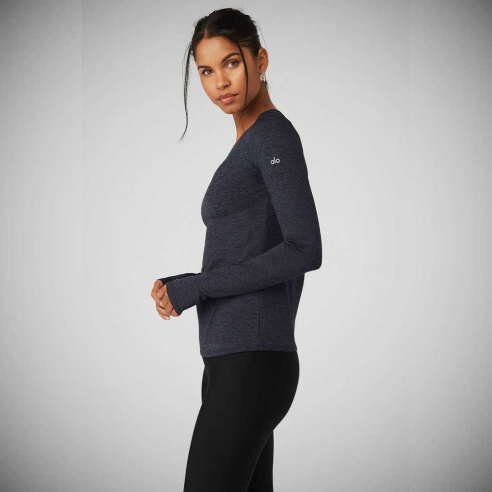 Long Sleeve Alo Yoga Alosoft Finesse Mujer Azul Marino | MX-75BUPW