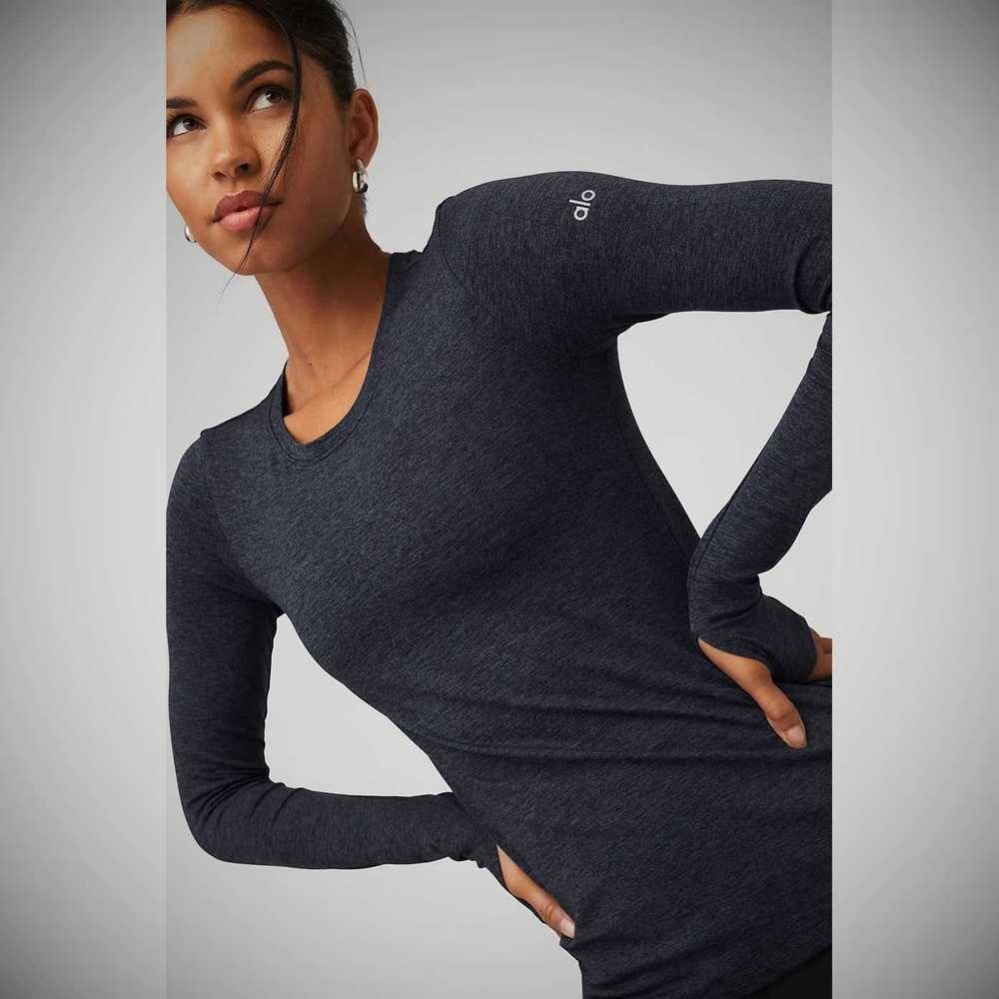 Long Sleeve Alo Yoga Alosoft Finesse Mujer Azul Marino | MX-75BUPW