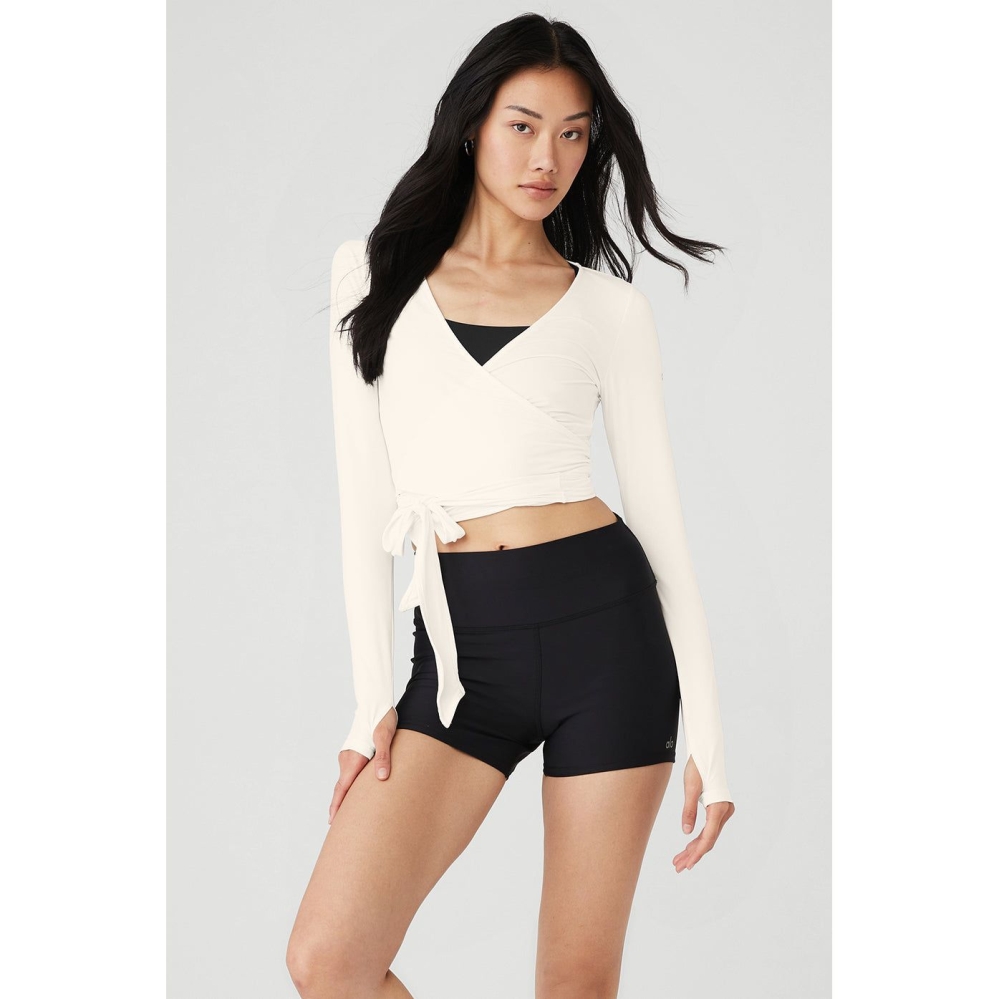 Long Sleeve Alo Yoga Cropped Escalate Wrap Top Mujer Blancos | MX-54AFDN