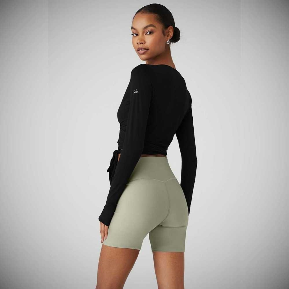 Long Sleeve Alo Yoga Cropped Escalate Wrap Top Mujer Negros | MX-97MLWQ