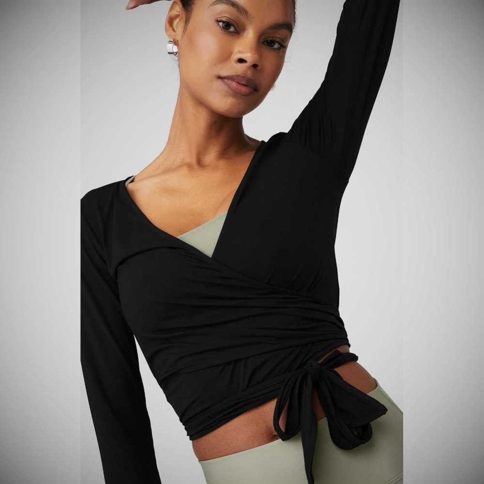 Long Sleeve Alo Yoga Cropped Escalate Wrap Top Mujer Negros | MX-97MLWQ