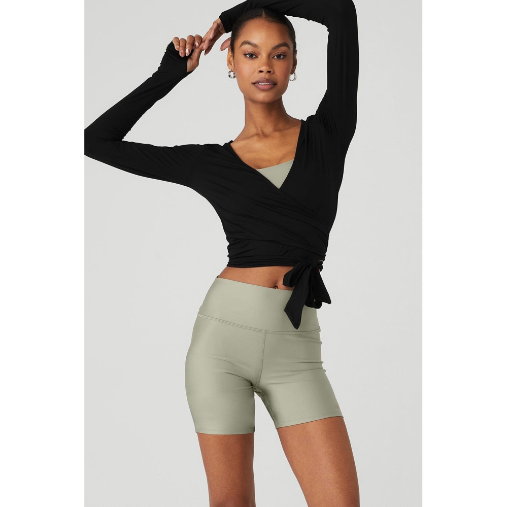 Long Sleeve Alo Yoga Cropped Escalate Wrap Top Mujer Negros | MX-97MLWQ