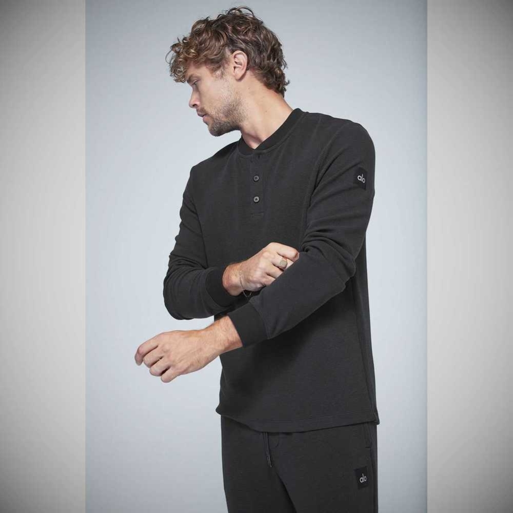 Long Sleeve Alo Yoga Micro Waffle Fast Break Henley Hombre Negros | MX-31CSUK