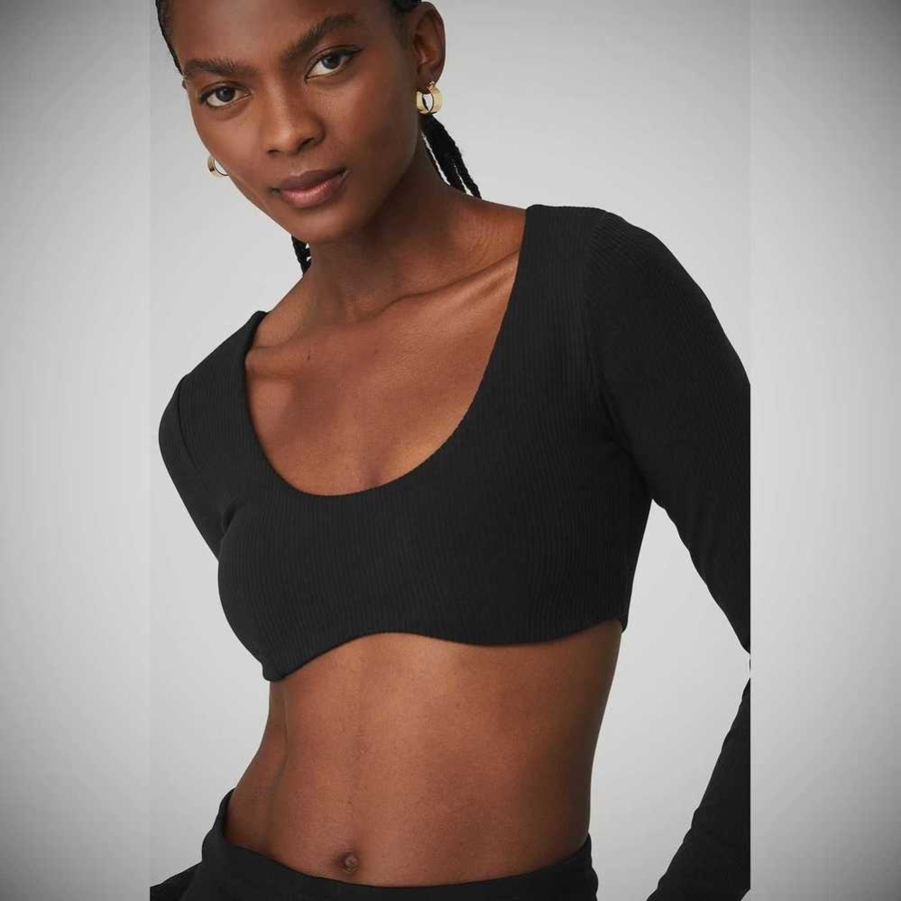 Long Sleeve Bra Alo Yoga Acanalado Defined Mujer Negros | MX-18LIPG