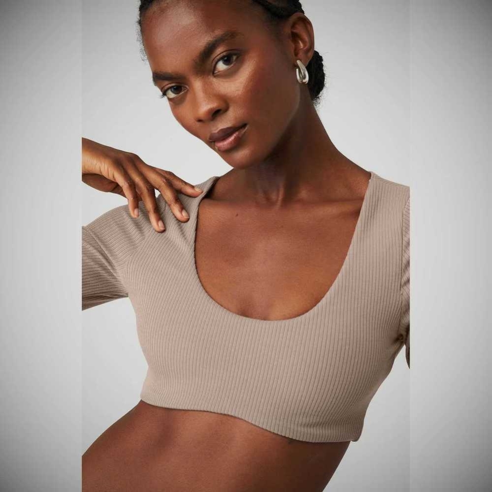 Long Sleeve Bra Alo Yoga Acanalado Defined Mujer Grises Marrom | MX-21GXPD