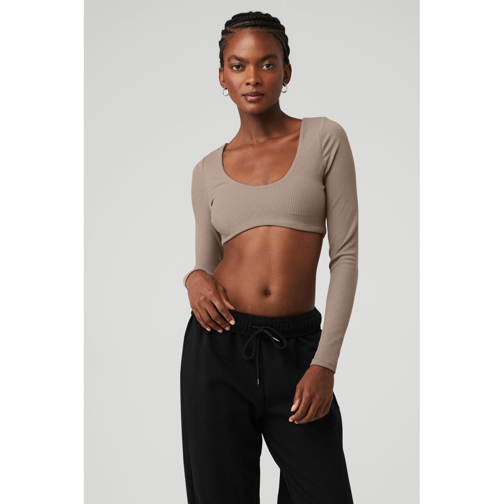 Long Sleeve Bra Alo Yoga Acanalado Defined Mujer Grises Marrom | MX-21GXPD