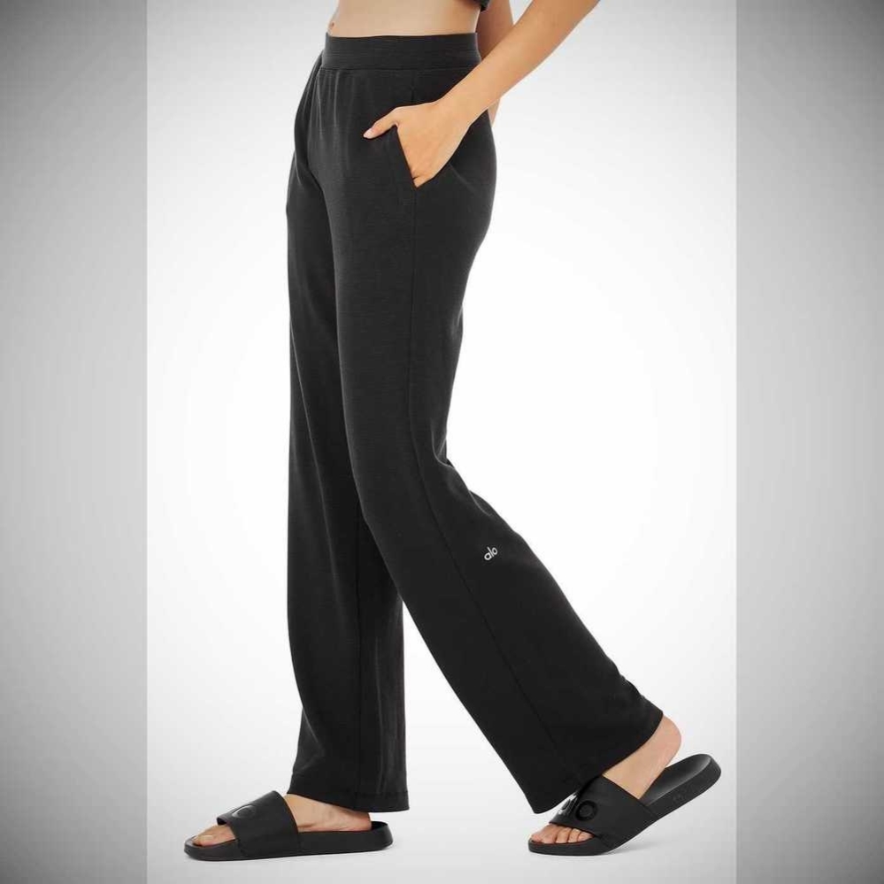 Pantalones Alo Yoga Micro Waffle High-Cintura Pleasant Anchos Leg Mujer Negros | MX-13YWNB