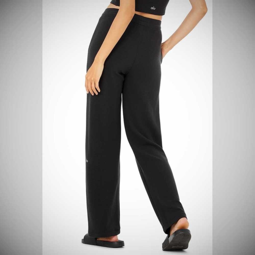 Pantalones Alo Yoga Micro Waffle High-Cintura Pleasant Anchos Leg Mujer Negros | MX-13YWNB