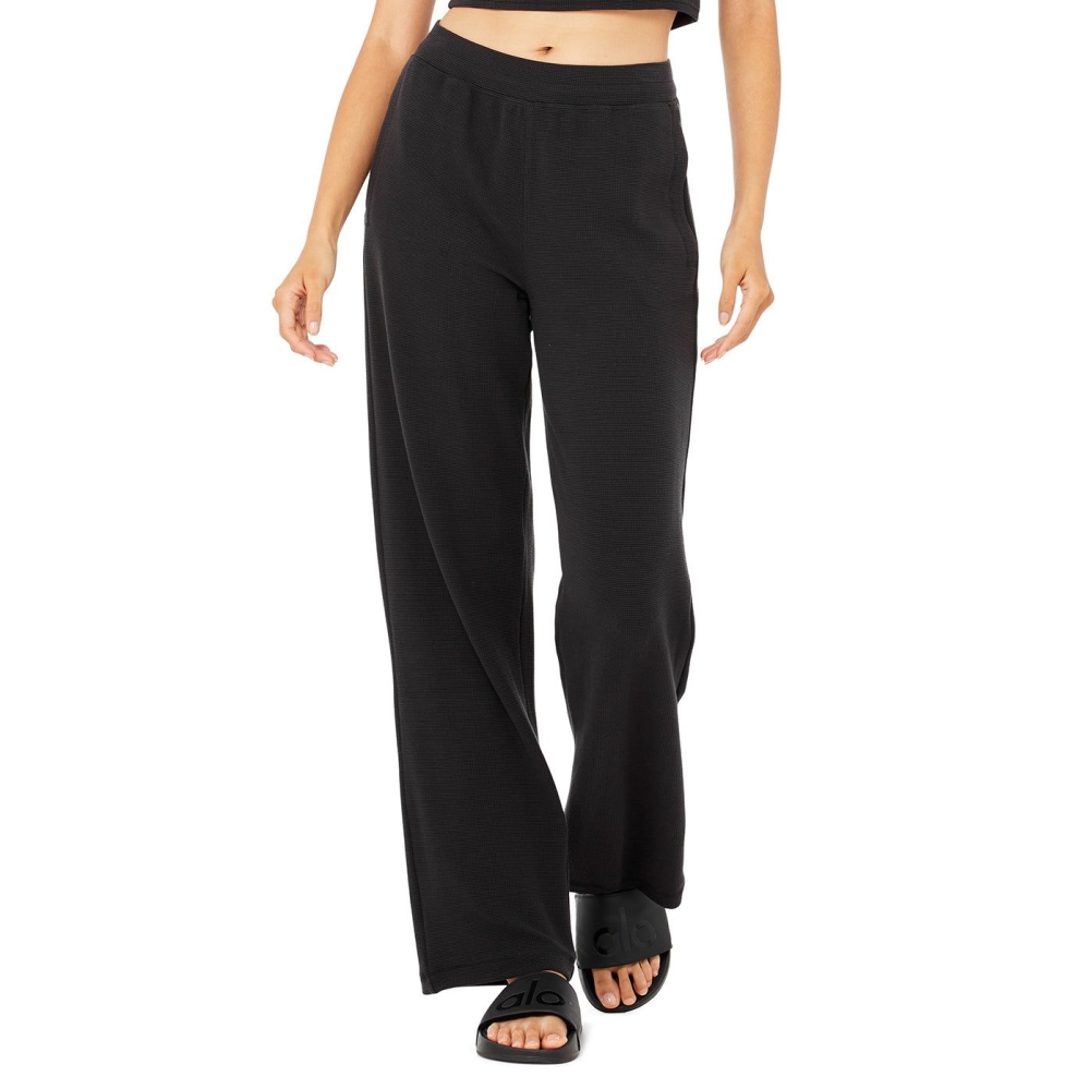 Pantalones Alo Yoga Micro Waffle High-Cintura Pleasant Anchos Leg Mujer Negros | MX-13YWNB