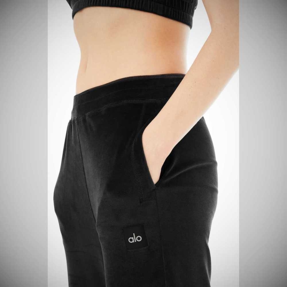 Pantalones Alo Yoga Velour High-Cintura Glimmer Anchos Leg Mujer Negros | MX-04BOVZ