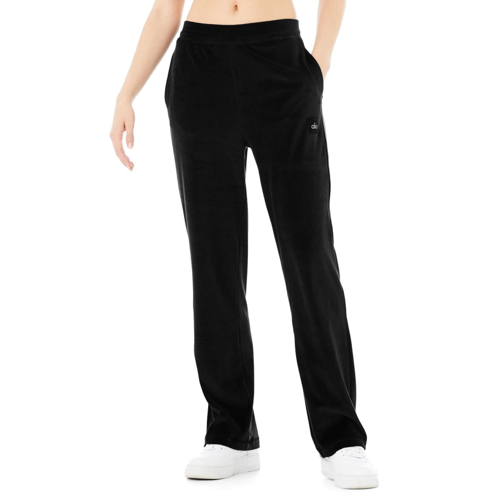 Pantalones Alo Yoga Velour High-Cintura Glimmer Anchos Leg Mujer Negros | MX-04BOVZ