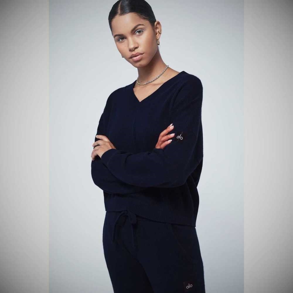 Pullover Alo Yoga Cashmere Jet Set V-Neck Mujer Azul Marino | MX-61ECDU