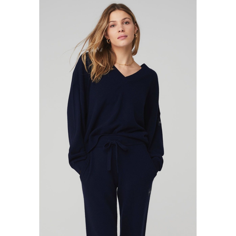 Pullover Alo Yoga Cashmere Jet Set V-Neck Mujer Azul Marino | MX-61ECDU