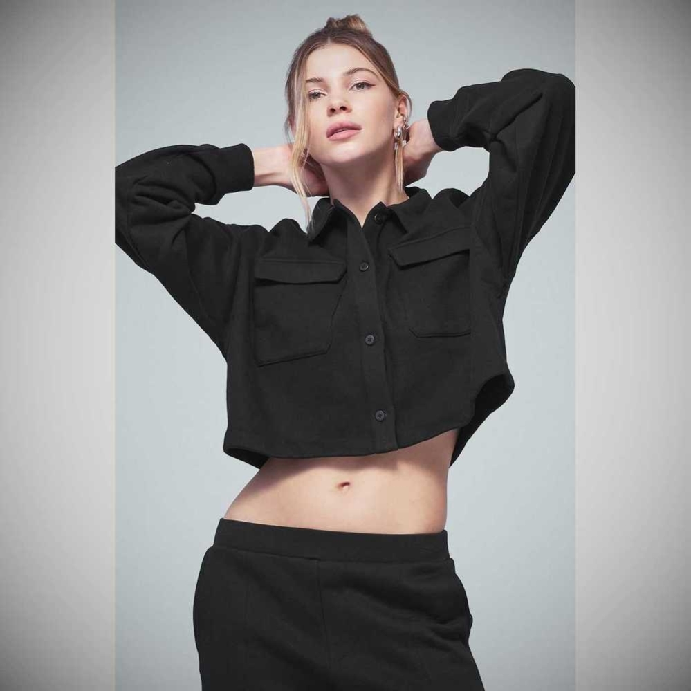 Pullover Alo Yoga Renown Cropped Button-Up Mujer Negros | MX-01THEJ