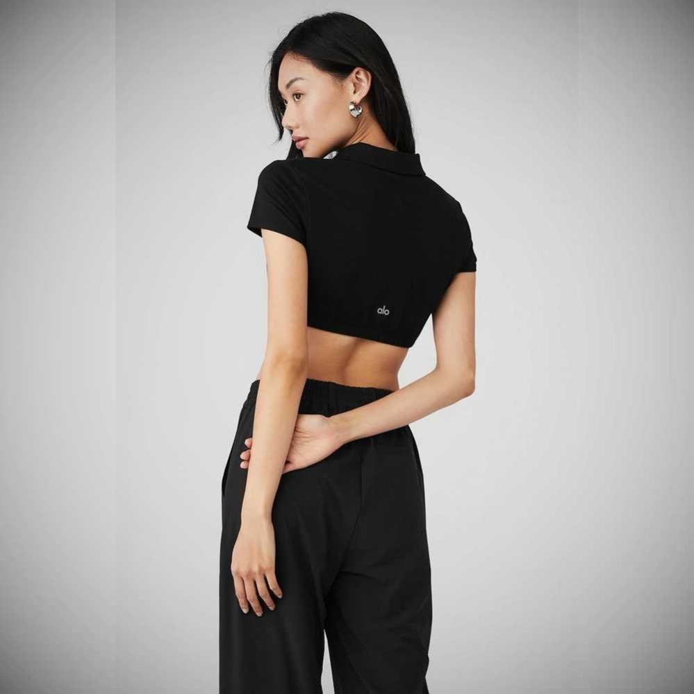 Short Sleeve Alo Yoga Cropped Prestige Polo Mujer Negros | MX-92ZQJY