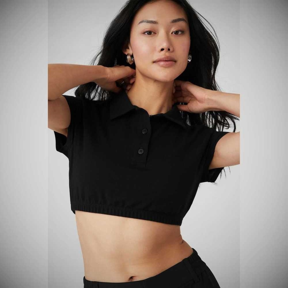 Short Sleeve Alo Yoga Cropped Prestige Polo Mujer Negros | MX-92ZQJY