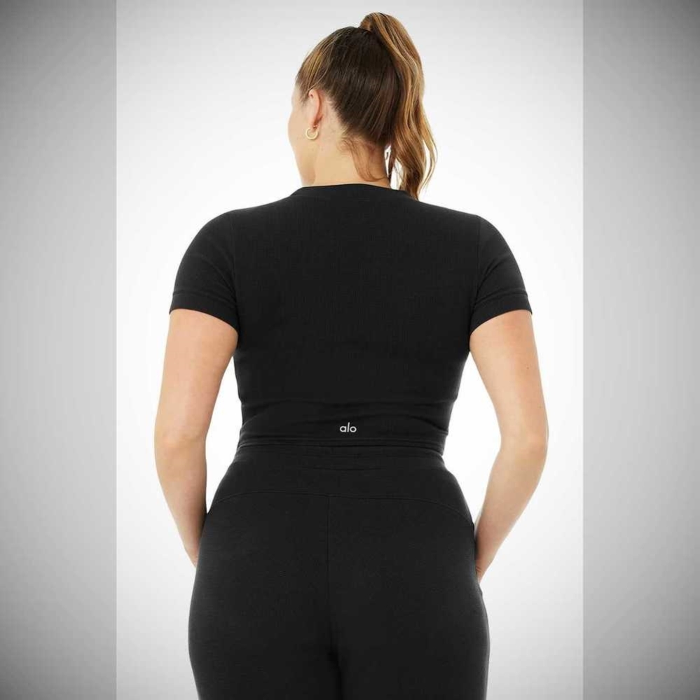 Short Sleeve Alo Yoga Micro Waffle Sierra Top Mujer Negros | MX-70MVEQ