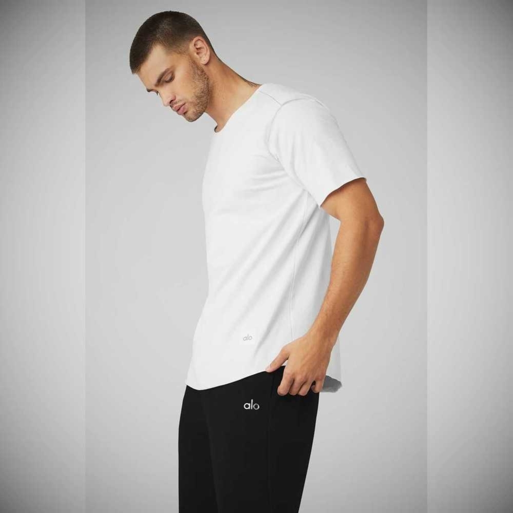 Short Sleeve Alo Yoga Society Crewneck Tee Hombre Blancos | MX-76QZJO