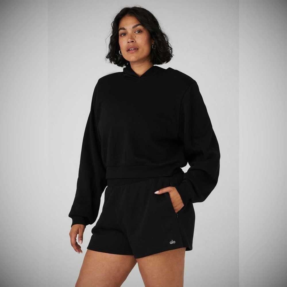 Sudadera Con Capucha Alo Yoga Cropped Headliner Shoulder Pad Mujer Negros | MX-62MNLZ