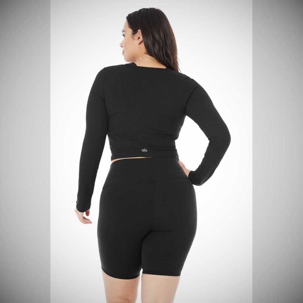 Sudaderas Alo Yoga Acanalado Cropped Whisper Cardigan Mujer Negros | MX-61ASHX