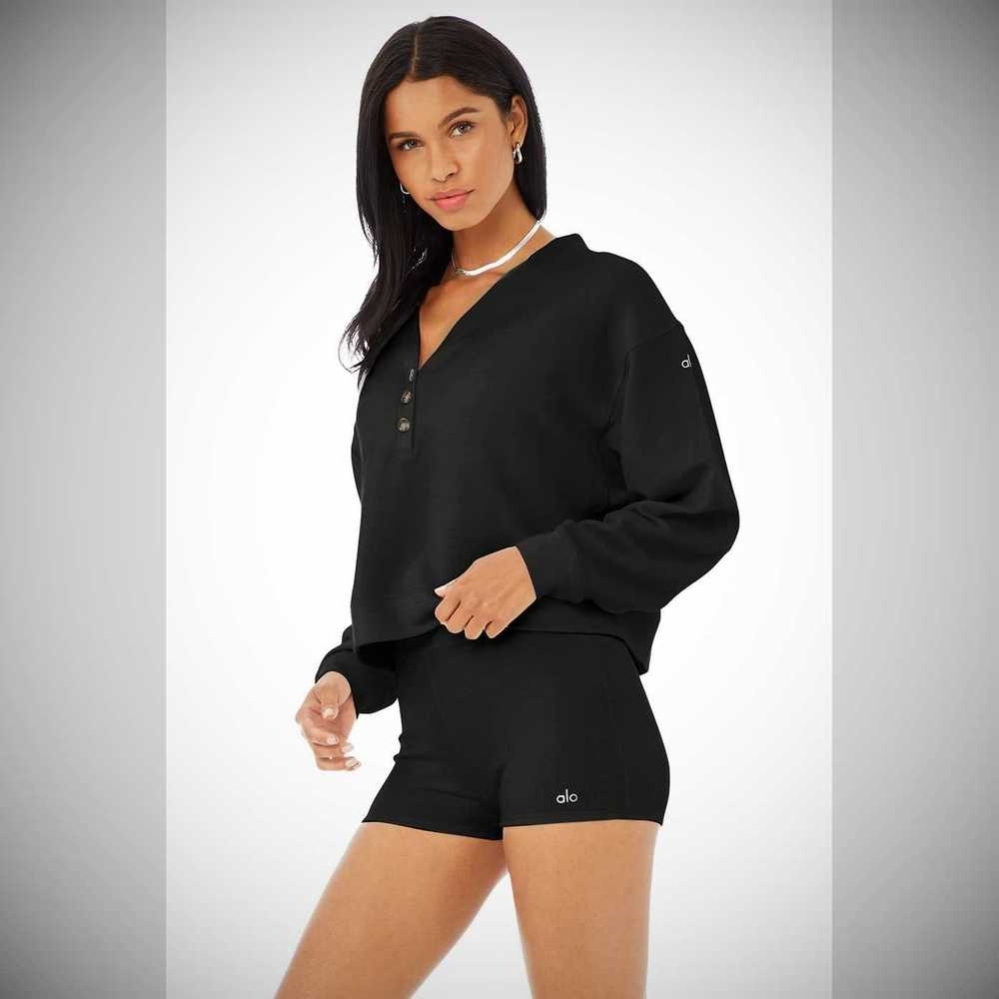 Sudaderas Alo Yoga Micro Waffle Pleasant Cropped Henley Mujer Negros | MX-67SUDL