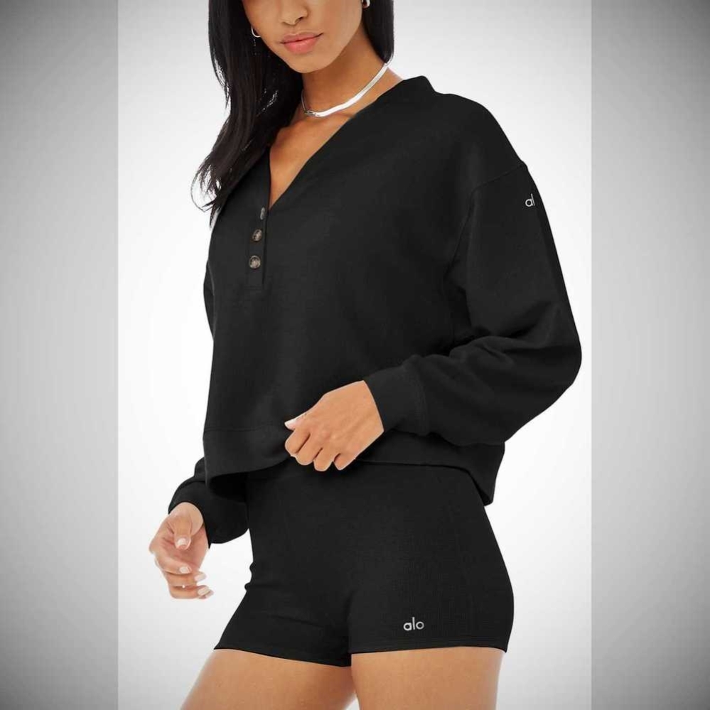 Sudaderas Alo Yoga Micro Waffle Pleasant Cropped Henley Mujer Negros | MX-67SUDL