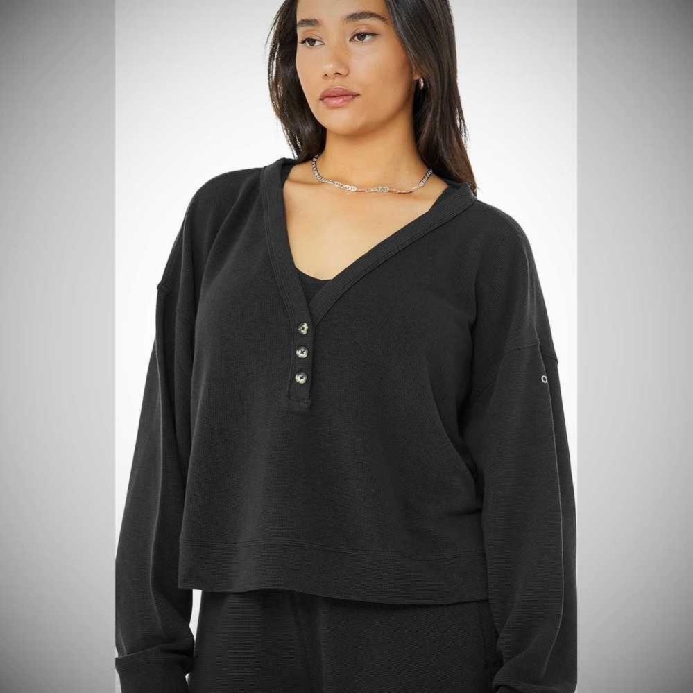 Sudaderas Alo Yoga Micro Waffle Pleasant Cropped Henley Mujer Negros | MX-67SUDL